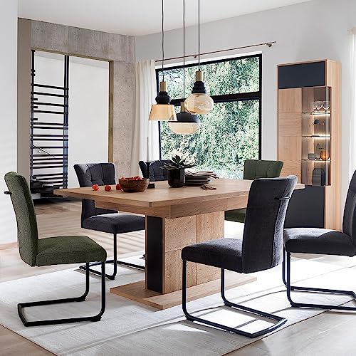 Lomadox Esszimmermöbel Set Eiche Bianco teilmassiv 2-teilig Modern, 1 Vitrine, 1 ausziehbarer Esstisch inkl. LED-Beleuchtung