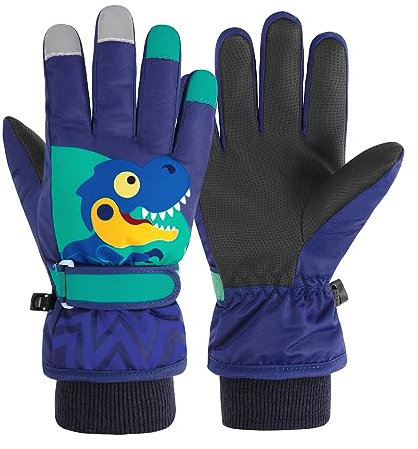 Durio Kinder Ski Handschuhe Winter Skihandschuhe Winddicht Wasserdicht Warm Handschuhe Junge Mädchen Outdoor Sports Schneehandschuhe Schwarzblau Dinosaurier 8-10 Jahre