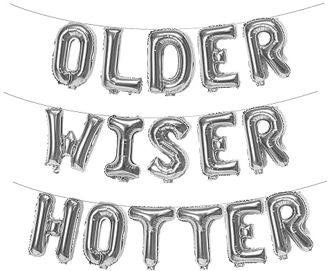 Older Wiser Heißer Folienballons, Buchstabenbanner Lustige Geburtstagsdekorationen für Frauen Männer 30., 40., 50., 60., 70., 80. Geburtstag, Partyzubehör (Silber)