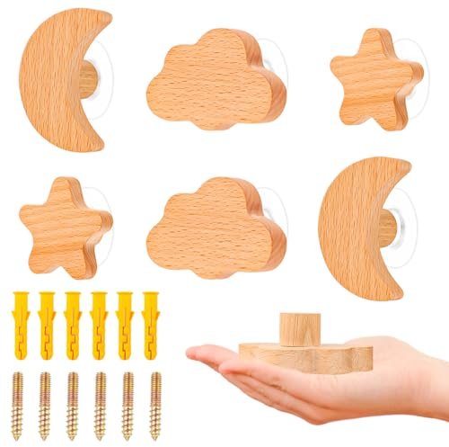 MplehDa Schrankknöpfe Holz für Kinderzimmer, 6 Stück Holzknäufe mit Sterne, Mond, Wolken Knauf, Möbelknöpfe aus Holz, 2 IN 1 Selbstklebend Möbelknöpfe mit Schrauben, Holzgriffe für Schränke Türknöpfe