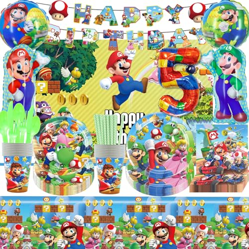 CBLDF Super Mrio Geburtstag Deko Set für 10+ Kinder, Cartoons Mrio Partygeschirr 5 Jahre Set, Luftballon Teller Becher Servietten für Kinder Party, Mrio Bros Party Deko Jungen(Geburtstag Deko 5 Jahre)