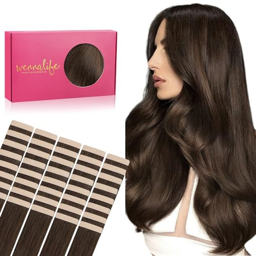 WENNALIFE Tape Extensions Echthaar, 40pcs 100g 50cm 20 Zoll Schokoladenbraun Haarverlängerung Echthaar Extensions Invisible Tape in Extensions Echthaar Hair Extensions Seidig Gerade Skin Weft Tape Ins