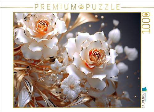 CALVENDO Puzzle Elegante Rosen in weiß und Gold | 1000 Teile Lege-Größe 64 x 48 cm Foto-Puzzle für glückliche Stunden