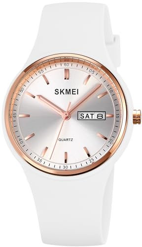 Montre bracelet pour femme et enfant - Colorée - Sport - Analogique - Quartz - Minimaliste - Avec bracelet en silicone - Date du jour de la semaine - Tendance, Blanc., lanière