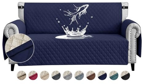 FIGOOO wasserdichte Sofabezug 2 Sitzer Dicke Sofaschoner Wasserdicht Gesteppte Sofa Überzug mit Seitentaschen Sofaüberwurf rutschfest Kratzfest für Haustiere Hunde Katzen,Marineblau