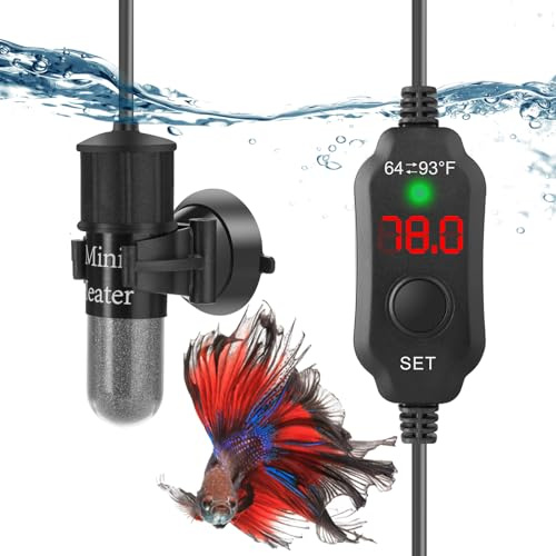 FUMAK Super mini chauffage d'aquarium 10 W Betta - Chauffage réglable submersible pour petit aquarium - Chauffage tortue avec thermostat à affichage numérique, pour aquariums de 3 à 7 litres