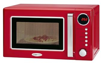 Fornetto a Microonde in Stile Retrò - con Grill e Display Digitale, con 9 Programmi Preimpostati, Timer, Sicurezza Bambini, in Vetro e Acciaio Inox, 37x44x26cm, 20L, 700W, Rosso