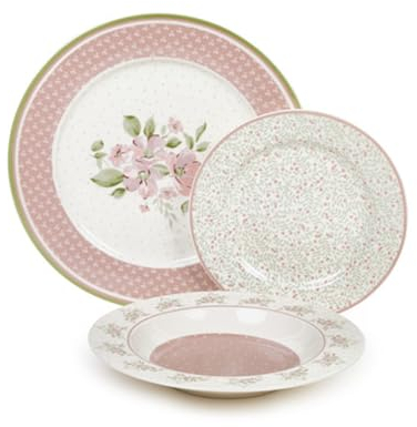 Nuvole di stoffa Servizio piatti 6 posti set 18 piatti in porcellana rosa/verde Wendy Shabby Chic, Vintage 26,7-21,6-20,3 cm