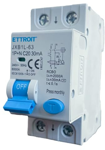 Interruttore Magnetotermico Differenziale 30mA, 1P+N Tipo AC Curva C 6KA 220V, Occupa 2 Moduli DIN, RCBO 1P+N 30mA C20 20A