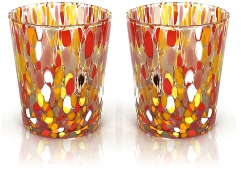 MAZZEGA ART & DESIGN - 2 Bicchieri Tumbler Colombina in Vetro Soffiati e Lavorati a Mano con Murrine di Murano, linea “I Colori di Murano” 350 ml. Made in Italy (ROSSO, 2)