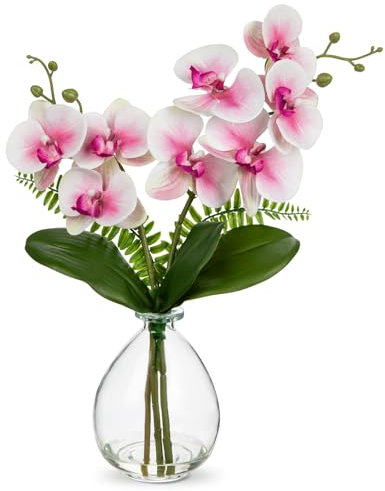 Hollyone Künstliche Orchideen Rosa mit Klar Glasvase, Kunstblumen im Vase mit Real Touch Blüten, Gefälschte Orchideen Künstliche Phalaenopsis Blumen für Wohnzimmer Büro Küche Tisch