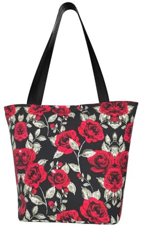 CHARMERM Red Rose Garden Borsa a tracolla da donna con cerniera extra grande capacità shopping spiaggia viaggio borsa a tracolla per donna, Nero, One Size