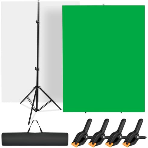 Greenscreen Hintergrund mit Ständer 2x2m/6.5x6.5ft Knitterfester Zusammenklappbarer Hintergrund mit Chromakey-weißer/grüner Bildschirm 4 Backdrop-Clip für Fotostudio Video Modefotografie Hochzeiten