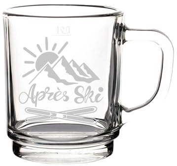 LUXENTU Glastasse mit Gravur, Après Ski, 250 ml, 1 Stück | Personalisierter Glasbecher für Kaffee, Tee zum Geburtstag oder Wichtelgeschenkidee, geeicht 0,2 l, spülmaschinenfest