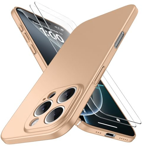 Natiiozie Ultra Dünn Handyhülle Kompatibel mit iPhone 16 Pro Hülle PP Case mit 2 Stück Schutzfolie, Slim Leicht Hartschale mit Voll Kameraschutz Kratzfeste Matt Schutzhülle - Gold