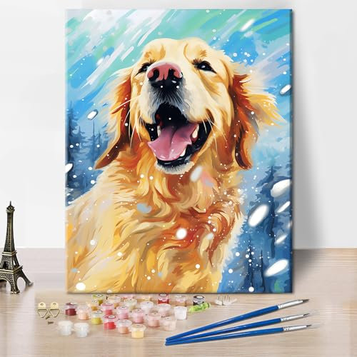 TISHIRON Golden Retriever Malen nach Zahlen Abstraktes Ölgemälde Malen nach Zahlen Erwachsene Malen nach Zahlen DIY Malen nach Zahlen Kits süßer Welpe Malen nach Zahlen Heimdekoration, 40x50cm