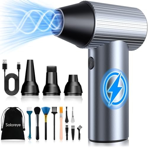 Solareye Druckluft Compressed Air Duster, 3-Gang 300000 U/min, Elektrische Staubgebläse Luftdruckspray mit 7500mAh Akku, Reinigungsbürste und USB Schnellladung, für PC Reinigungsset, Auto, Sofa