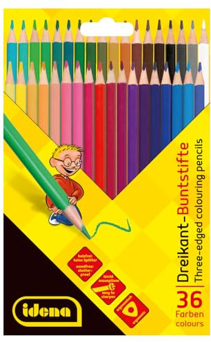 Idena 20161 - Dreikant-Buntstifte zum Malen, Zeichnen, Schreiben und Kolorieren, 36 Farbstifte in strahlenden Farben im Kartonetui, Malstifte in ergonomischer Dreiecksform