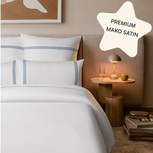 Amqua Satin Bettwäsche 155x220 Weiß mit Blauer Stickerei | inkl. 80x80 Kissenbezug| Bettwäsche Satin 155x220| wie Seiden Bettwäsche oder ägyptische Baumwolle Bettwäsche | Satin Bettwäsche Weich|Rhea