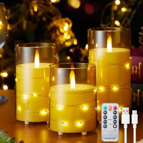 Glowtink 3pcs Flameless LED Candles with String Lights, 2000mAh Rechargeable Battery Candles with Remote Timer & USB Cable, Suitable for Home Wedding Christmas Decor, H 4 5 6