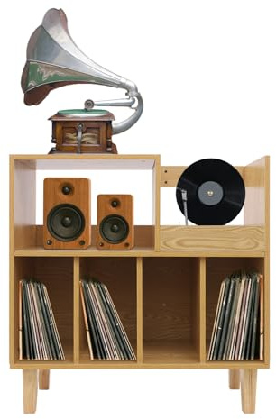 Dokiiovo Plattenständer mit Aufbewahrung, Vinylplatten Aufbewahrungstisch mit Regal, Plattenspieler-Ständer mit Ablage, Plattenregal für Wohnzimmer, Musikraum (Holzfarbe, 82.6x80x40cm)