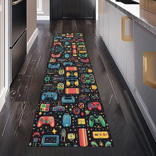 Gaqinhh Gamer Gamepad Teppichläufer Waschbar rutschfest 60x180 cm, Bunt Game Controller Küchenteppich Teppich Bettumrandung Schlafzimmer für Flur Eingangsbereich Wohnzimmer Teppiche