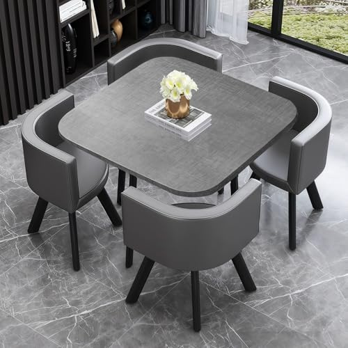 VTELGT Essgruppe 5-Teilig, Essgruppe mit Kunstleder Stuhl für 4 Personen, Runder Konferenztisch und Rezeptionstisch, platzsparendes Tischset für Zuhause und Büro,Graues Quadrat