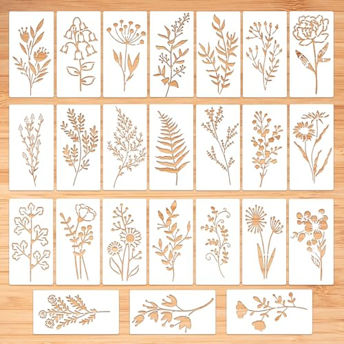 24 Pcs Flower Stencils for Crafts Reusable, Wood Flower Painting Stencils, Reusable Widflowers Floral Leaf Drawing Stencil Templates for Walls, DIY Christmas Crafts, Wood, Furniture