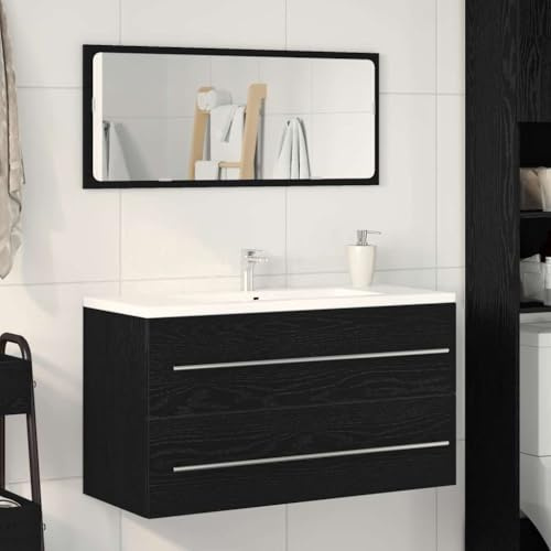 Zeehear Mobile lavandino con specchio, rovere nero, 90 x 45 x 1,5 cm, moderno mobiletto per il bagno, in legno
