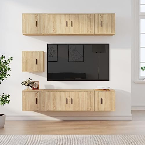 Fangmaliuyun 7-teiliges TV-Schrank Set Sonoma-Eiche Holzwerkstoff 100x34,5x40 cm Modernes Wand-Lowboard mit reichlich Stauraum für Wohnzimmer und Schlafzimmer