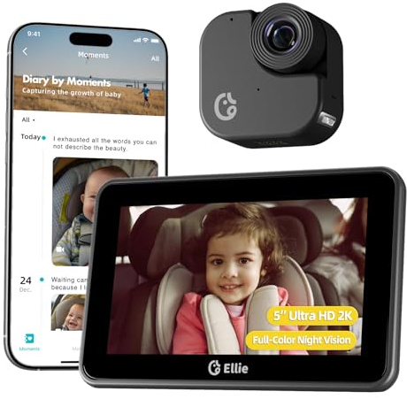 Ellie Baby Car Monitor, 2K UHD Backseat Monitor with Color Night Vision, Face Tracking, Dual Display for 2 Kids, Wide View Car Baby Camera, Smart Video Capture & App Control Black