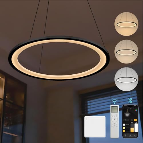 Mai & Mai 30W Pendelleuchte Esstisch mit Fernbedienung & Wandschalter | 60cm LED Moderne Hängelampe, stufenlos dimmbar 3000K–6000K, höhenverstellbare Design Esstischlampe, Sandschwarz, Luvina01