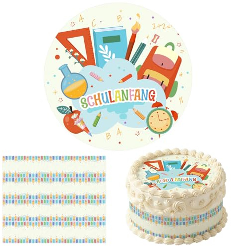 Tortendeko Einschulung Essbar, Schulanfang Kuchen Deko Essbar | mit Tortenband Buntstifte, Essbare Tortendeko Einschulung Kuchen Deko, Esspapier Schulkind Tortenaufleger Tortenband