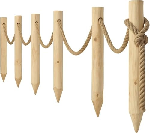 TIMBERMIK Holzzaun 6X Holzpfosten Ø8 x 80cm + 12m Juteseil Staketenzaun Gartenzaun Zaunelemente Garten Holz Nicht Imprägniert
