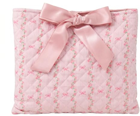 Quilted Laptop Sleeve with Pink Bow, Cute Laptop Case with Floral, Bible Cover for Hardcover, Paperbacks, Floral Storage Bag for MacBook, Notebook, Makeup, Books, 10.6 x 12.6 Inch