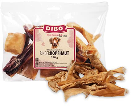 DIBO Rinderkopfhaut, 250g-Beutel, der kleine Naturkau-Snack oder Leckerli für Zwischendurch, Hundefutter, Qualitätskauartikel ohne Chemie