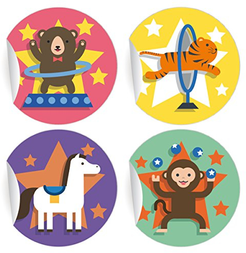 24 nette Kinder Aufkleber | Sticker mit Zirkus Motiven, MATTE universal Papieraufkleber für Einladungen, Geschenke, Sticker selbstklebende Etiketten - Pakete Briefe (ø 45mm)