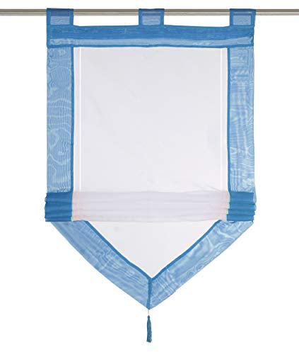 Raffrollo mit Quaste Dreieck Raffgardine Voile Transparent Schlaufen Vorhang (BxH 60x140cm, Blau)