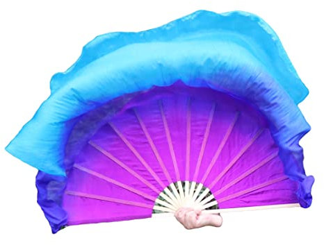 Winged Sirenny Groß Seide Flattern Fan Bauchtanz, Kurzer Tanzfan mit Stoff Schleier, Fan Schleier aus Echte Seide (lila-blau-türkis)