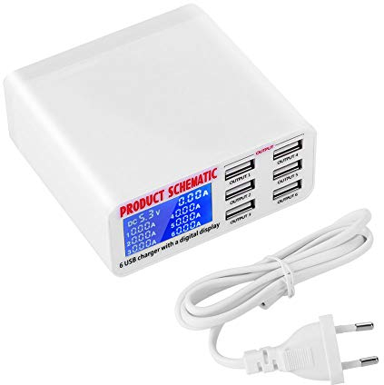 Estink Chargeur Mural USB, 6 Ports 6 A, Station de Charge USB Multi-Chargeur Mural USB Hub Chargeur avec écran LCD 3,5 A pour téléphones Portables, téléphones, tablettes (EU)