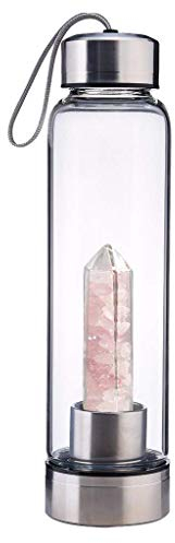 TFMus Reusable Natural Quartz Crystal Water Bottle, Natural Quartz Crystal Gemstone Infused Water Bottle Quartz Crystal Wand Point Reiki Healing Crystal Glass Elixir Cup with Cup Bag. (Pink) (Pink)