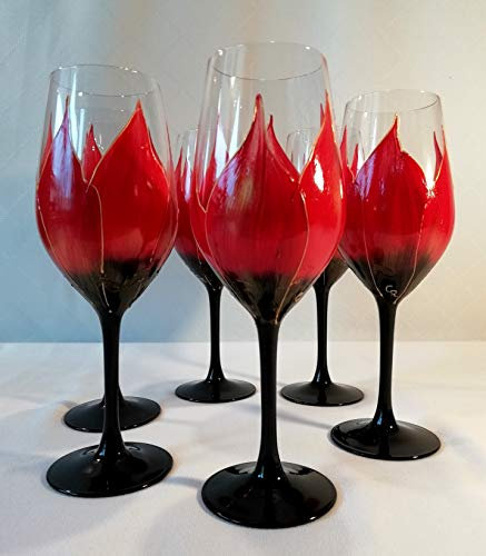 Générique Ensemble 6 Verres à vin artisanaux - Peints à la Main « Lys Rouge et Or » - Cristallin