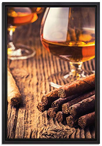 Pixxprint Whisky und Zigarre Leinwandbild 60x40 cm im Bilderahmen, Wandbild, Schattenfugenrahmen, Kein Poster
