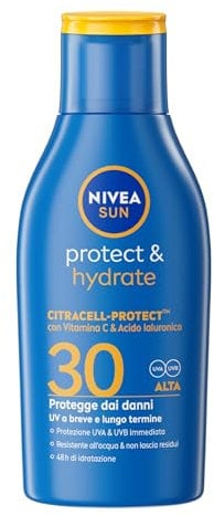 NIVEA SUN Protect & Hydrate SPF 30 Formato Viaggio 100 ml, Crema solare 30 idratante 48h ad assorbimento rapido, Protezione solare 30 resistente all'acqua con Vitamina C e Acido Ialuronico
