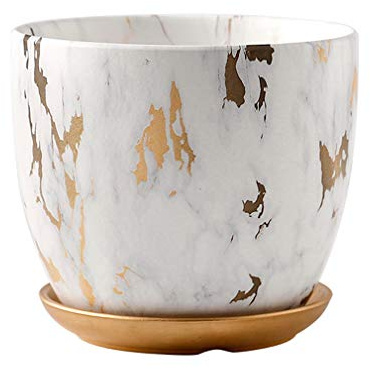 QSQWL Blumentopf Innen 18cm Durchmesser mit Drainageloch, Weiss & Gold Marmor Muster, Übertopf Gesicht mit Untersetzer - Deko Vase, Keramik Orchideentopf Übertopf,Golden Marble,M