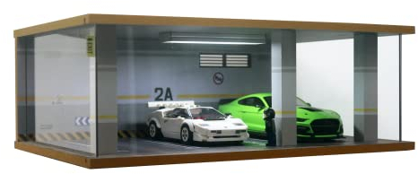 1:24 Scale Die-Cast Car Garage Display Case with Transparent Acrylic Cover and LED Lighting for 3 Parking Spaces (2A)