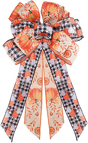 Fall Wreath Bow Decoration Large Topper Bow Orange Pumpkin Bow Black White Buffalo Plaid Bow Gift Bow Holiday Decorative Bows for Halloween Party Supplies Home Wedding Thanksgiving Party Favor