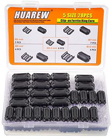 HUAREW 5 Values 28 Pieces Black Clip-on Ferrite Ring Core RFI EMI Noise Reducer Cable Clip for 3.5 mm 5 mm 7 mm 9 mm 13 mm Diameter Cable