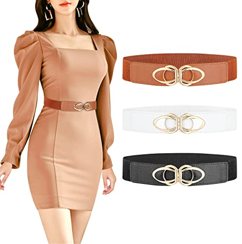 XiYee 3 Stück Damen Elastischer Gürtel, Damen Breiter Gürtel Retro Stretch Taillengürtel mit Metall Schnalle, Skinny Gürtel Eleganter Gürtel(Weiß/Braun/Schwarz)