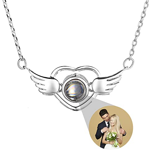 Jacklin F Kundenspezifische Fotoprojektions-Halskette für Frauen Personalisierte Engelsflügel-Foto-Halskette, individueller Herzanhänger mit Bild im Inneren für Muttertag, Weihnachten, Geburtstag